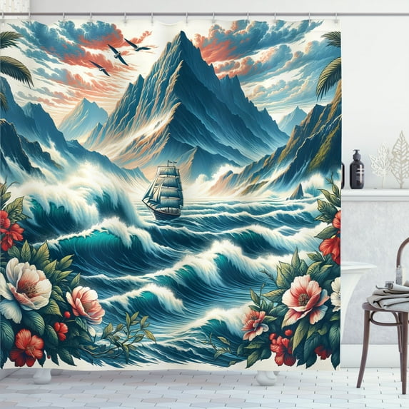 Ambesonne Nautical Shower Curtain, Seascape Waves Mountains, 69"Wx75"L, Sea Blue and Dark Coral
