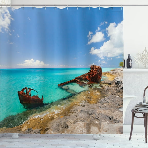Ambesonne Nautical Shower Curtain, Ship Wreck on Beach, 69"Wx84"L, Multicolor