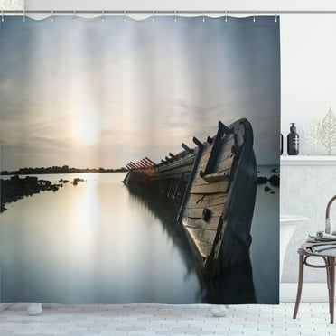 Ambesonne Nautical Shower Curtain, Sinking Boat Sunset, 69"Wx84"L, Pale Blue Brown