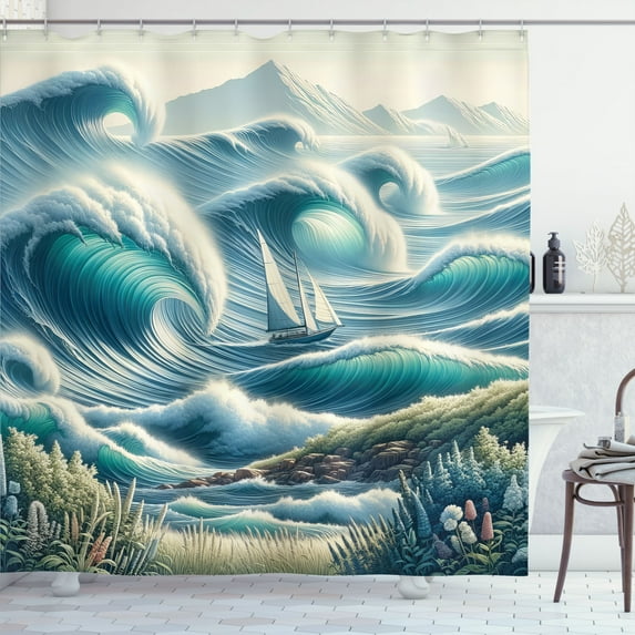 Ambesonne Nautical Shower Curtain, Swirling Huge Waves Boat, 69"Wx75"L, Reseda Green Teal and Blue
