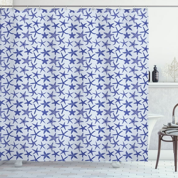 Ambesonne Nautical Shower Curtain, Various Starfishes Stripes, 69"Wx75"L, White Indigo Ceil Blue