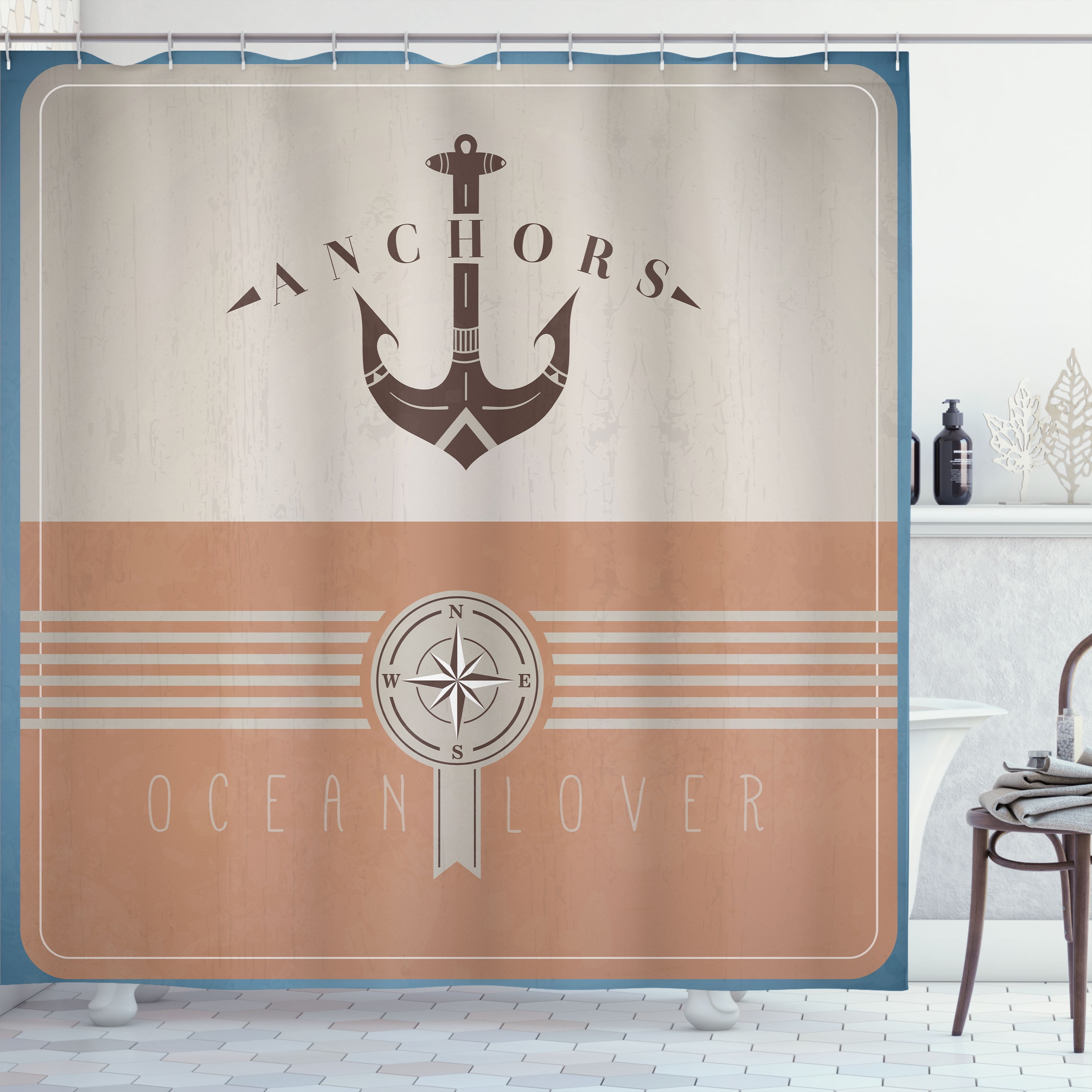 Ambesonne Nautical Shower Curtain, Vintage Marine Ocean Print, 69"Wx70