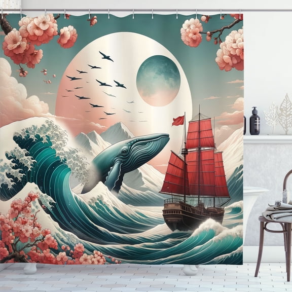Ambesonne Nautical Shower Curtain, Whale Sakura Spring Ocean, 69"Wx70"L, Teal Blush and Dark Coral