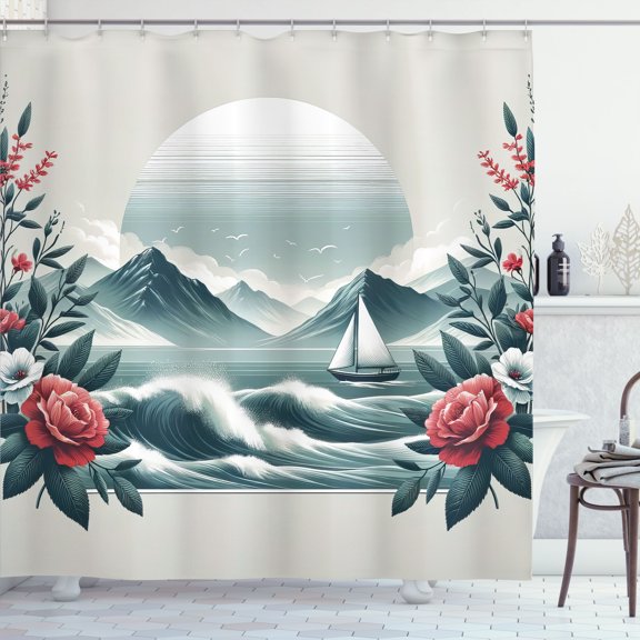 Ambesonne Nautical Shower Curtain, Wild Roses and Sailboat, 69"Wx70"L, Coral and Slate Blue