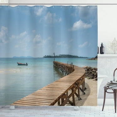 Ambesonne Nautical Shower Curtain, Wooden Bridge to Sea, 69"Wx84"L, Blue Brown