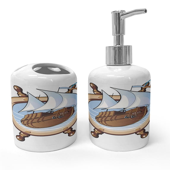 Ambesonne Nautical Soap Dispenser & Toothbrush Holder Set, Ships Wheel Sailing, 2 Pcs, Brown Blue