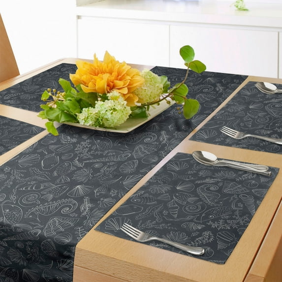 Ambesonne Nautical Table Runner & Placemats, Coral Shell Seahorse, Placemat 4 pcs + Runner 14"x90", Charcoal Grey and White