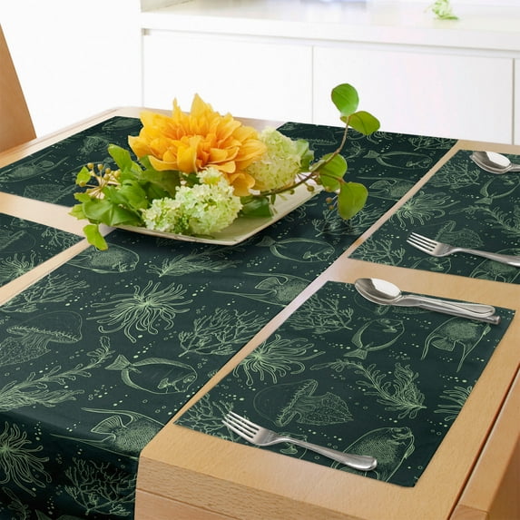 Ambesonne Nautical Table Runner & Placemats, Fish Plants and Jellyfish, Placemat 4 pcs + Runner 14"x72", Reseda Green Green