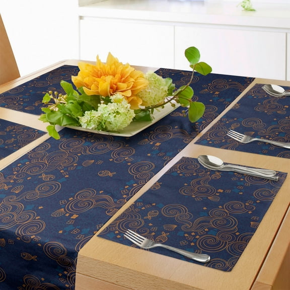 Ambesonne Nautical Table Runner & Placemats, Fish Shell Flowers Swirls, Placemat 4 pcs + Runner 12"x72", Pale Cinnamon Indigo