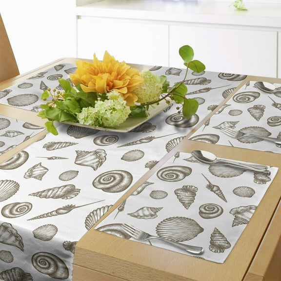 Ambesonne Nautical Table Runner & Placemats, Hand Drawn Seashell Motifs, Placemat 4 pcs + Runner 12"x90", Umber and White