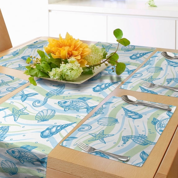 Ambesonne Nautical Table Runner & Placemats, Ocean Shell Starfish, Placemat 4 pcs + Runner 16"x90", Mint Blue