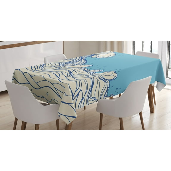Ambesonne Nautical Tablecloth Rectangular Table Cover, Abstract Doodle Wave, 60"x84", Cream Blue