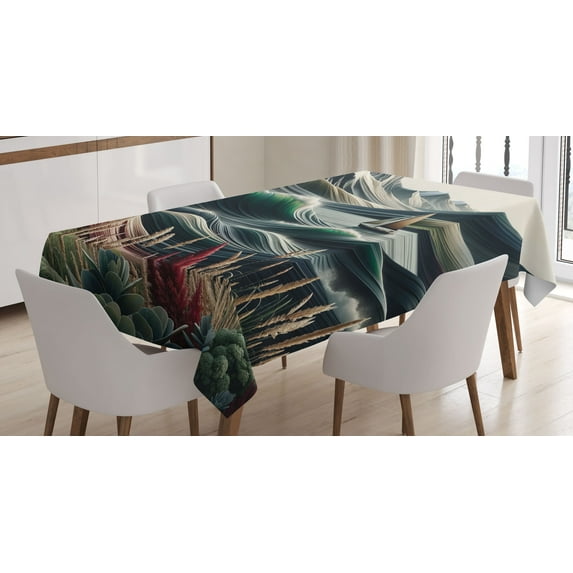 Ambesonne Nautical Tablecloth Rectangular Table Cover, Surreal Waves Boho Botany, 52"x70", Sepia Green and Ruby
