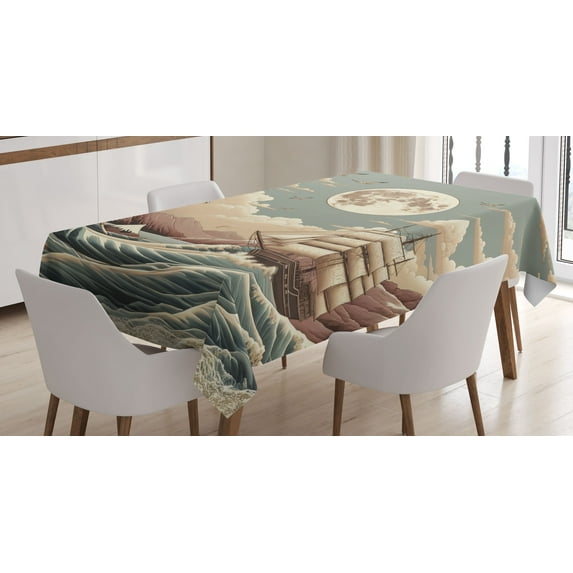 Ambesonne Nautical Tablecloth Rectangular Table Cover, Waves Ship Japanese Style, 60"x90", Pale Teal Tan Dried Rose