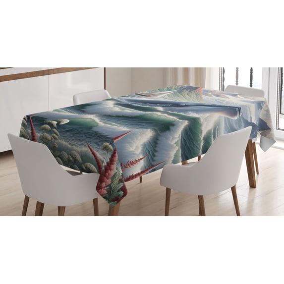 Ambesonne Nautical Tablecloth Rectangular Table Cover, Whale Mountains and Boat, 60"x90", Sea Green Blue and Ruby