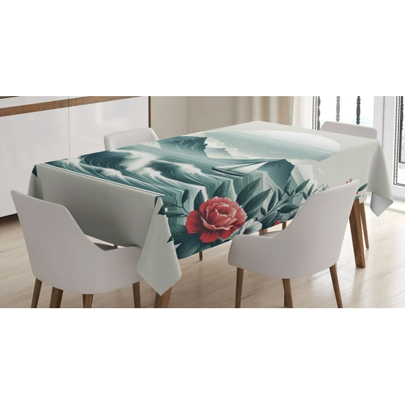 Ambesonne Nautical Tablecloth Rectangular Table Cover, Wild Roses and Sailboat, 60"x90", Coral and Slate Blue