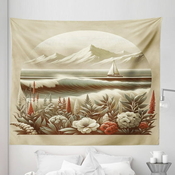 Ambesonne Nautical Tapestry King Size, Floral Sea Shore and Boat, 104"x88", Grey Yellow Dark Salmon