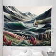 thumbnail image 1 of Ambesonne Nautical Tapestry King Size, Surreal Waves Boho Botany, 104"x88", Sepia Green and Ruby, 1 of 2