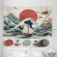 thumbnail image 1 of Ambesonne Nautical Tapestry King Size, Waves Sun Sakura Anchor, 104"x88", Pale Ruby and Cadet Blue, 1 of 2