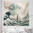 thumbnail image 1 of Ambesonne Nautical Tapestry Queen Size, Asian Wave Cherry Blossom, 88"x88", Seafoam Coconut Pink, 1 of 2