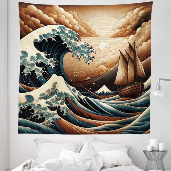 Ambesonne Nautical Tapestry Queen Size, Ethnic Japanese Ocean Boat, 88"x88", Cinnamon and Petrol Blue