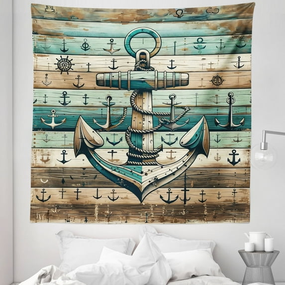 Ambesonne Nautical Tapestry Queen Size, Rustic Anchor Wooden Look, 88"x88", Teal Seafoam Pale Brown