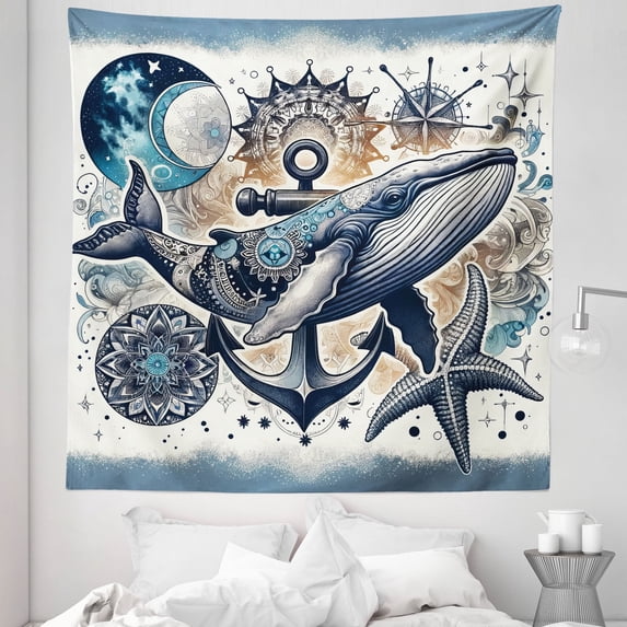 Ambesonne Nautical Tapestry Queen Size, Whale Anchor Mandala Night, 88"x88", Indigo Amber
