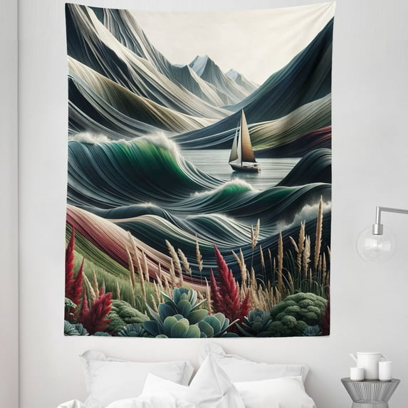 Ambesonne Nautical Tapestry Twin Size, Surreal Waves Boho Botany, 68"x88", Sepia Green and Ruby
