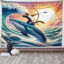 Ambesonne Nautical Tapestry Wall Hanging, Archer Wild Cat on a Whale, 80"x60", Teal Purple and Orange