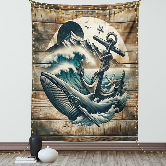 Ambesonne Nautical Tapestry Wall Hanging, Cottage Anchor Whale Waves, 60"x80", Brown and Slate Blue