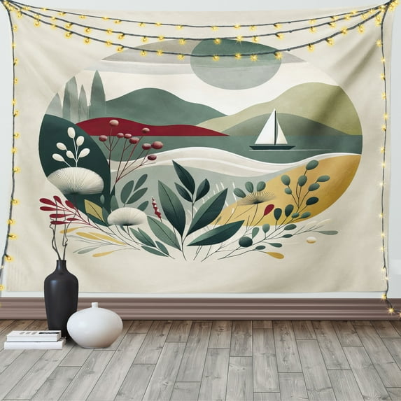 Ambesonne Nautical Tapestry Wall Hanging, Modern Boho Botanical Sea, 80"x60", Sage Green