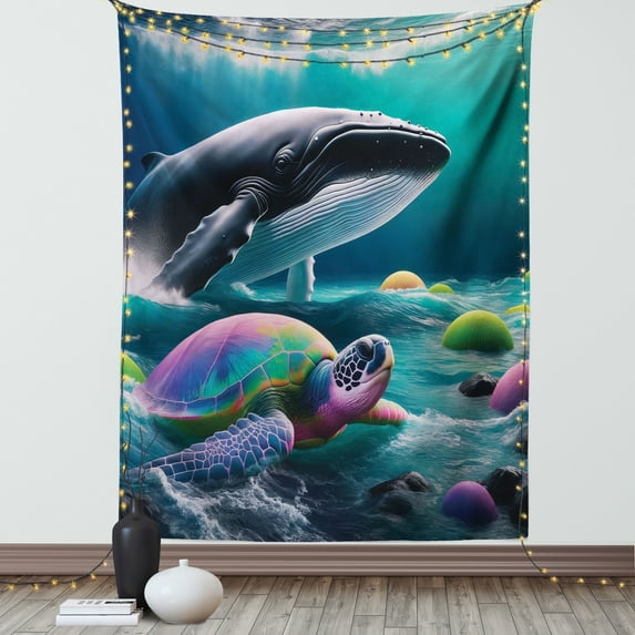 Ambesonne Nautical Tapestry Wall Hanging, Trippy Turtle with a Whale, 60"x80", Teal Multicolor