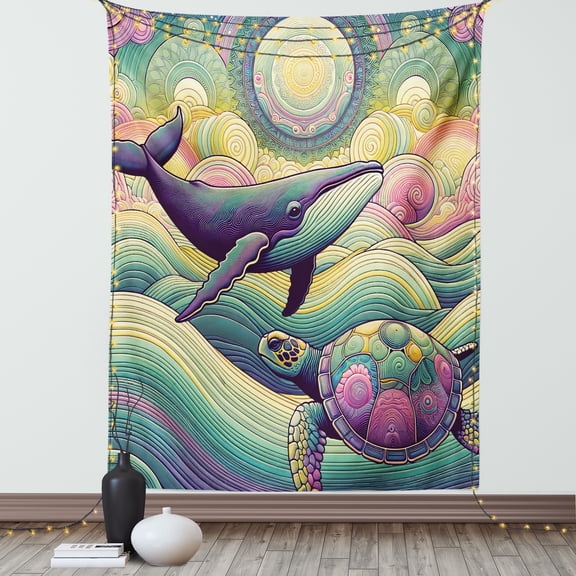 Ambesonne Nautical Tapestry Wall Hanging, Whale and Turtle Hippie, 40"x60", Seafoam Purple and Pink