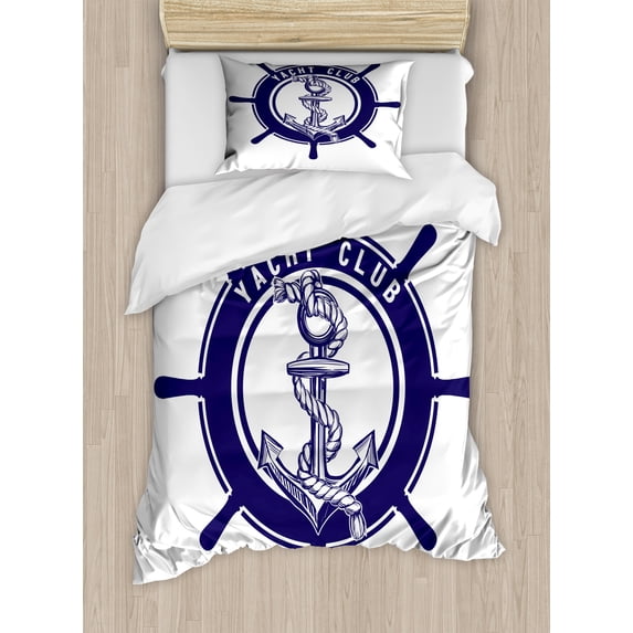 Ambesonne Nautical Tattoo Duvet Cover Sets, Steering Wheel, 2-Twin, Indigo White