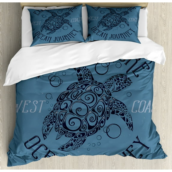 Ambesonne Nautical Tattoo Duvet Cover Sets, Underwater Turtle, 2-King, Slate Blue Petrol Blue