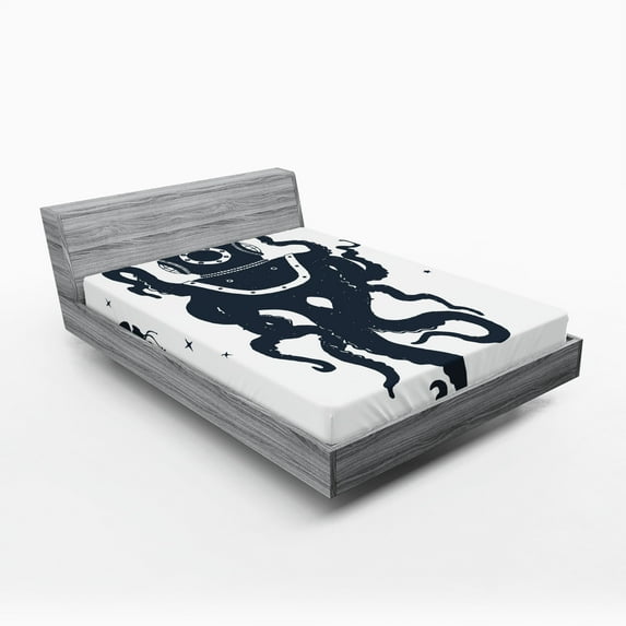 Ambesonne Nautical Tattoo Fitted Sheet, Octopus Costume, King Size, Dark Violet Blue White