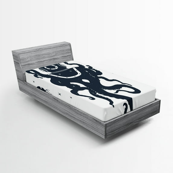 Ambesonne Nautical Tattoo Fitted Sheet, Octopus Costume, Twin XL Size, Dark Violet Blue White