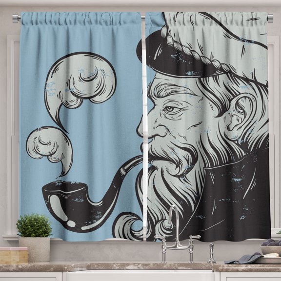 Ambesonne Nautical Tattoo Kitchen Curtains, Old Seaman Theme, 55"x45", Blue Grey and Grey