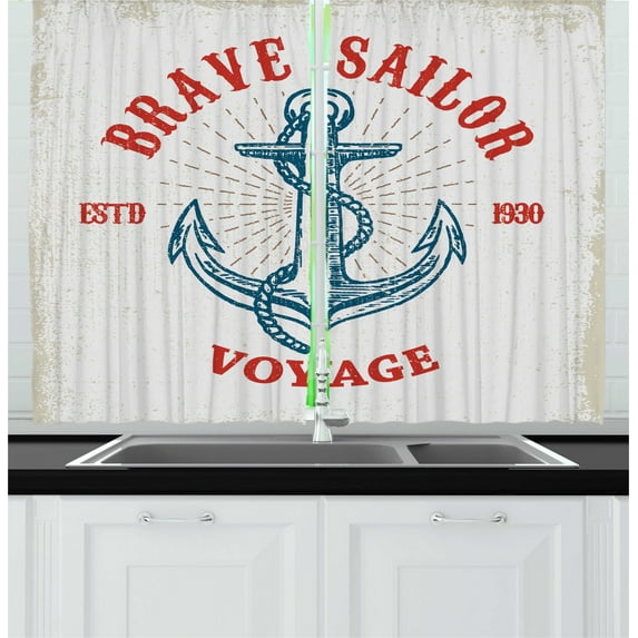 Ambesonne Nautical Tattoo Kitchen Curtains, Voyage Anchor Art, 55"x45", Coconut Vermilion