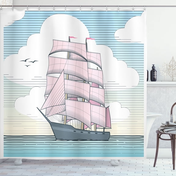 Ambesonne Nautical Tattoo Shower Curtain, Dreamy Windjammer, 69"Wx75"L, Ivory Pastel Pink