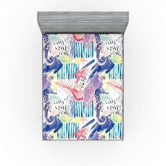 Ambesonne Nautical Themed Fitted Sheet, Modern Seahorse Art, King Size, Dark Lavender Dark Coral