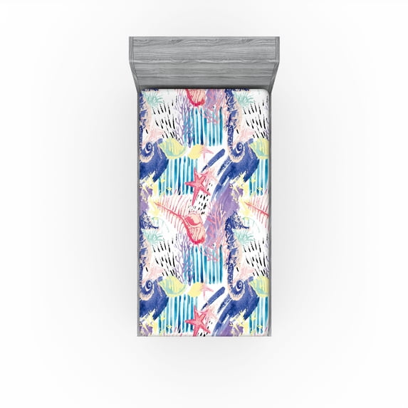 Ambesonne Nautical Themed Fitted Sheet, Modern Seahorse Art, Twin XL Size, Dark Lavender Dark Coral