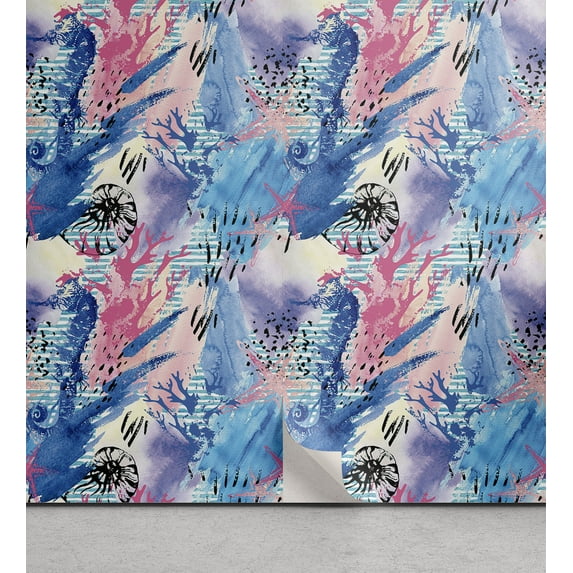 Ambesonne Nautical Themed Peel & Stick Wallpaper for Home, Boho Sea Themed Art, 13"x100", Sea Blue Pastel Pink