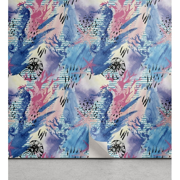 Ambesonne Nautical Themed Peel & Stick Wallpaper for Home, Boho Sea Themed Art, 13"x36", Sea Blue Pastel Pink