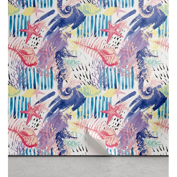 Ambesonne Nautical Themed Peel & Stick Wallpaper for Home, Modern Seahorse Art, 13"x36", Dark Lavender Dark Coral