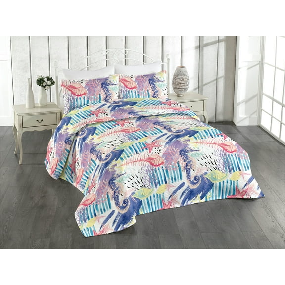 Ambesonne Nautical Themed Quilted Bedspread Set 3 Pcs, Modern Seahorse Art, King, Dark Lavender Dark Coral