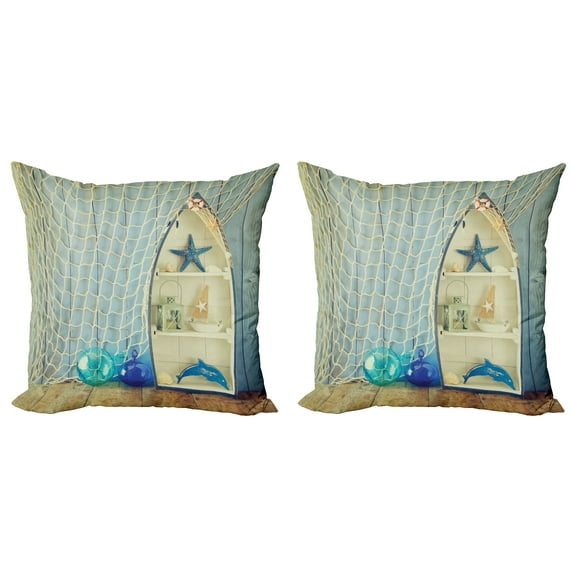 Ambesonne Nautical Throw Pillow Cover 2 Pack, Aquatic Objects Boats, 20", Blue Beige