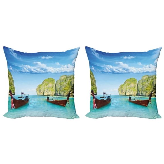 Ambesonne Nautical Throw Pillow Cover 2 Pack, Boat Maya Bay Thailand, 20", Multicolor