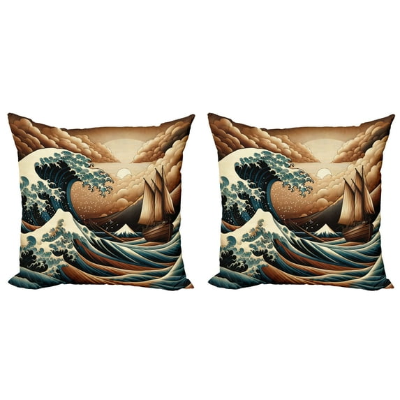 Ambesonne Nautical Throw Pillow Cover 2 Pack, Ethnic Japanese Ocean Boat, 18", Cinnamon and Petrol Blue