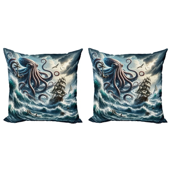 Ambesonne Nautical Throw Pillow Cover 2 Pack, Fantasy Sea World Kraken, 24", Teal Mauve